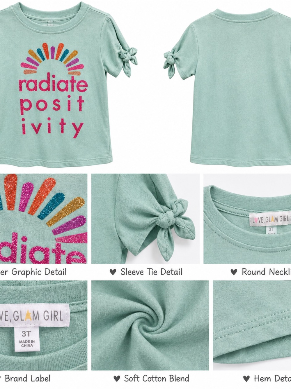 Love, Glam Girl Mint Short-Sleeve Tie-Sleeve Tee - Radiate Positivity